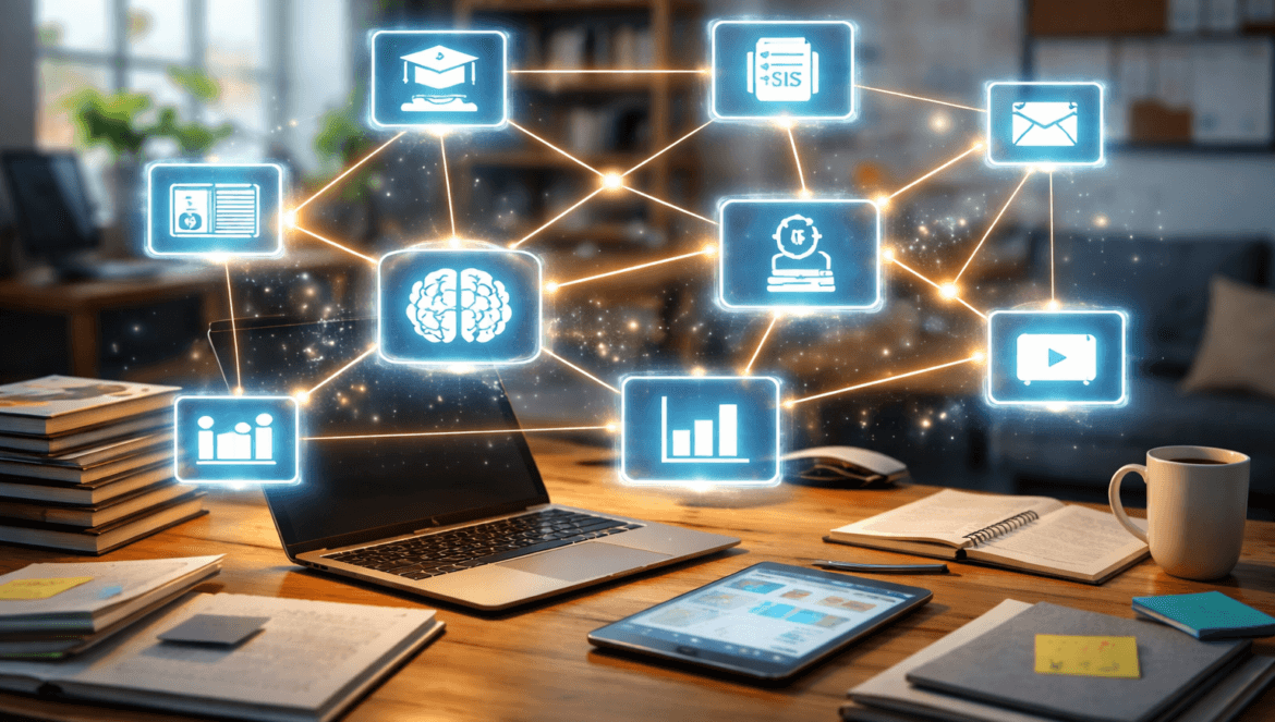 A laptop and tablet on a desk display interconnected digital icons representing data, emails, charts, education, and cloud storage—illustrating the shift from LMS to Learning Ecosystems—with books and papers in the background.