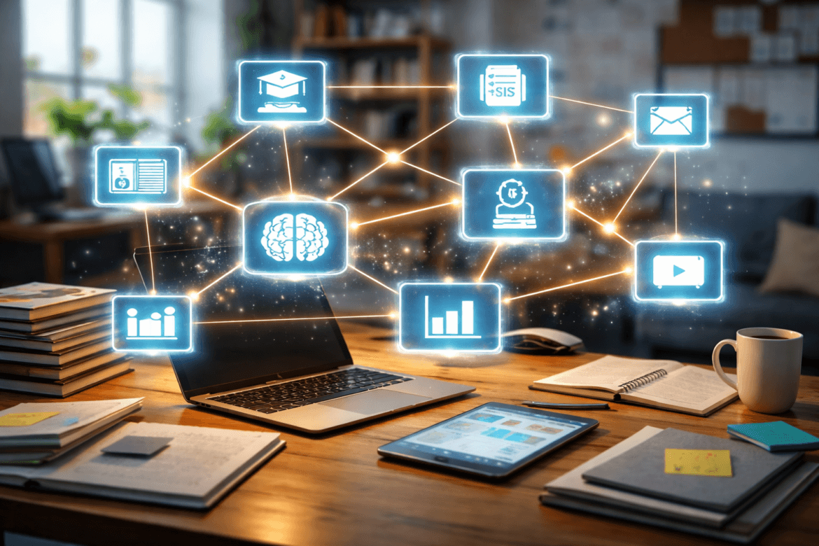 A laptop and tablet on a desk display interconnected digital icons representing data, emails, charts, education, and cloud storage—illustrating the shift from LMS to Learning Ecosystems—with books and papers in the background.