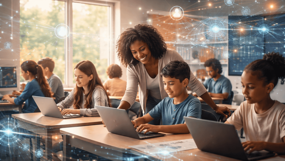 A teacher assists a student using a laptop in a classroom with other students at desks; digital network graphics overlay the scene, highlighting how AI is reshaping school systems by enhancing technology and connectivity.
