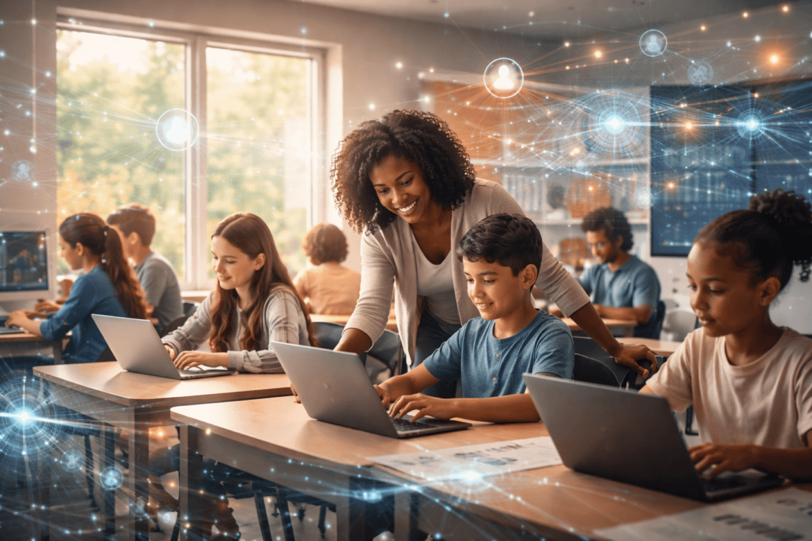 A teacher assists a student using a laptop in a classroom with other students at desks; digital network graphics overlay the scene, highlighting how AI is reshaping school systems by enhancing technology and connectivity.