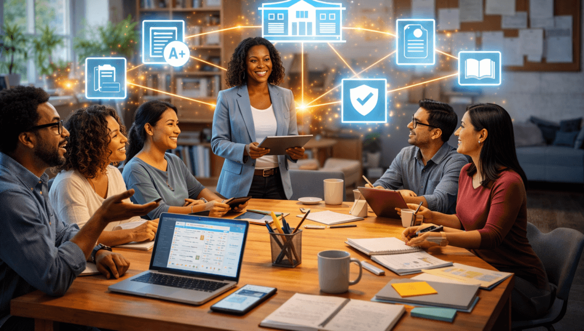 A group of professionals in a meeting room discuss education topics and parent expectations, with digital icons representing grades, documents, and books superimposed above them.