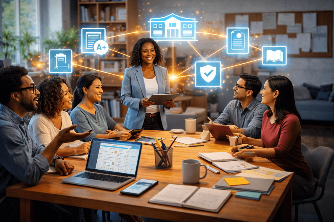 A group of professionals in a meeting room discuss education topics and parent expectations, with digital icons representing grades, documents, and books superimposed above them.