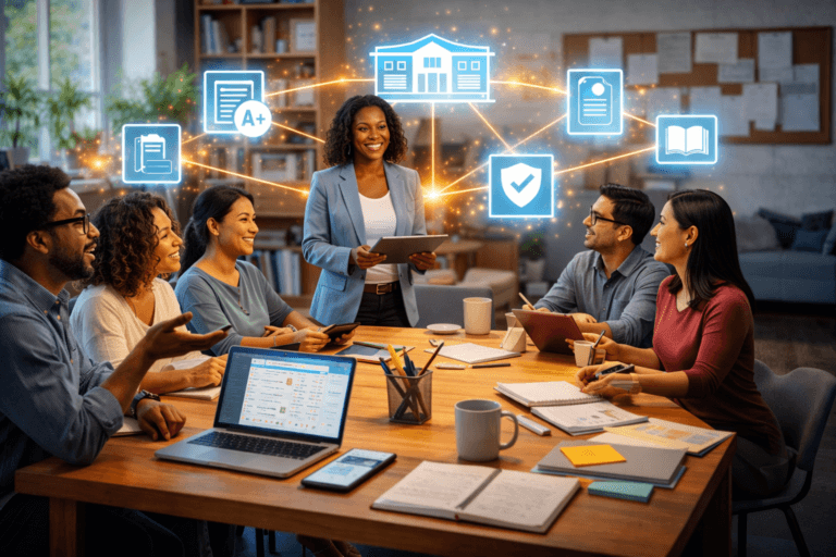 A group of professionals in a meeting room discuss education topics and parent expectations, with digital icons representing grades, documents, and books superimposed above them.
