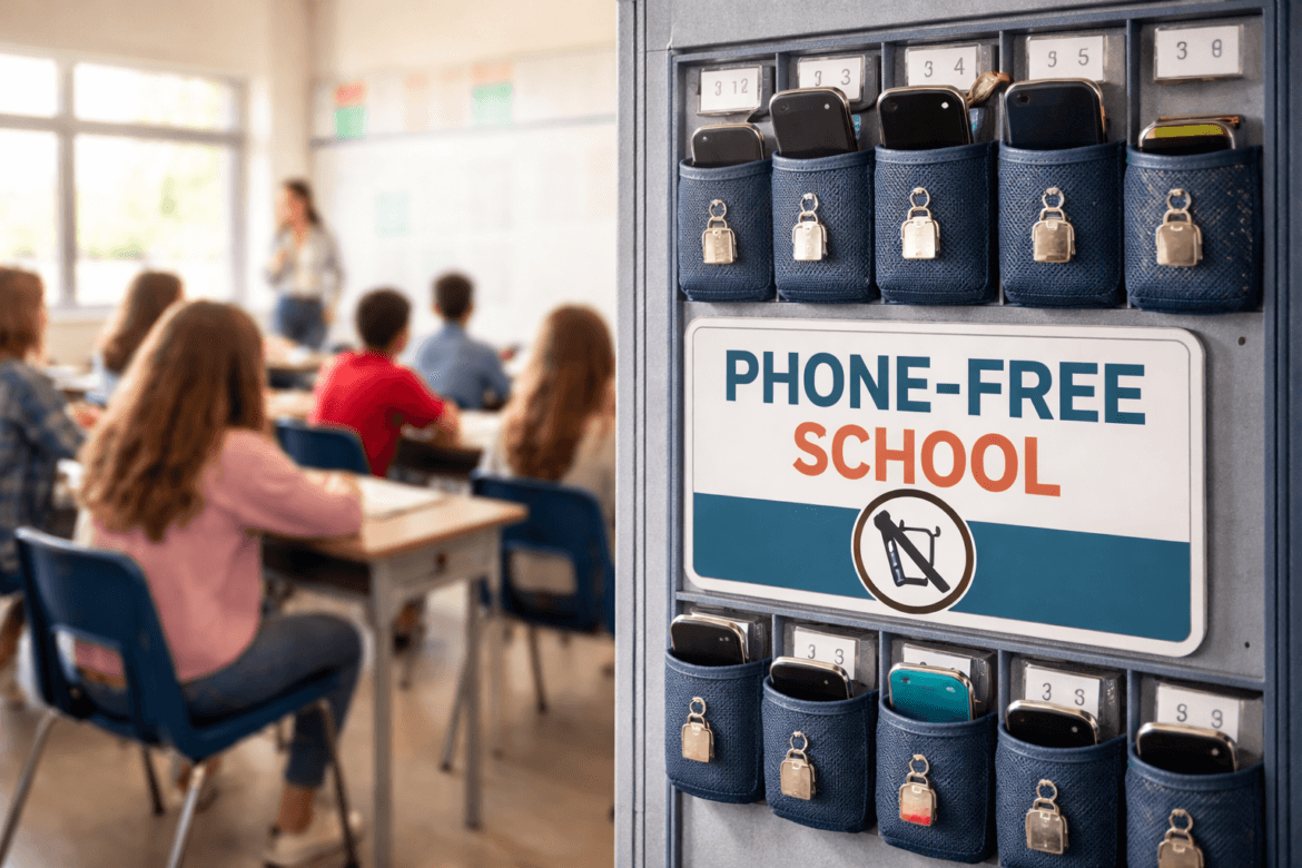 A sign reading Phone-Free Schools is displayed on a wall with locked phone pouches; students sit at desks in a classroom, engaging with their teacher at the front.