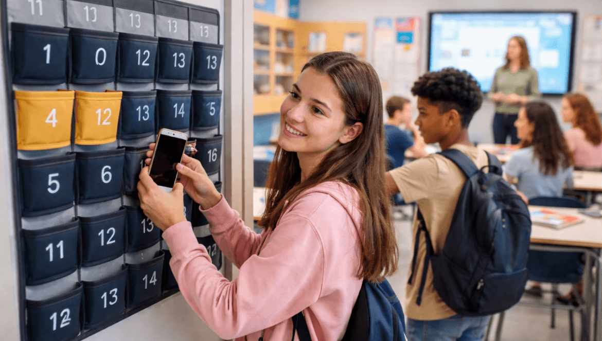 A student participates in a Phone-Free Schools initiative by placing her phone in a numbered storage pocket, while other students and a teacher are present in the background.
