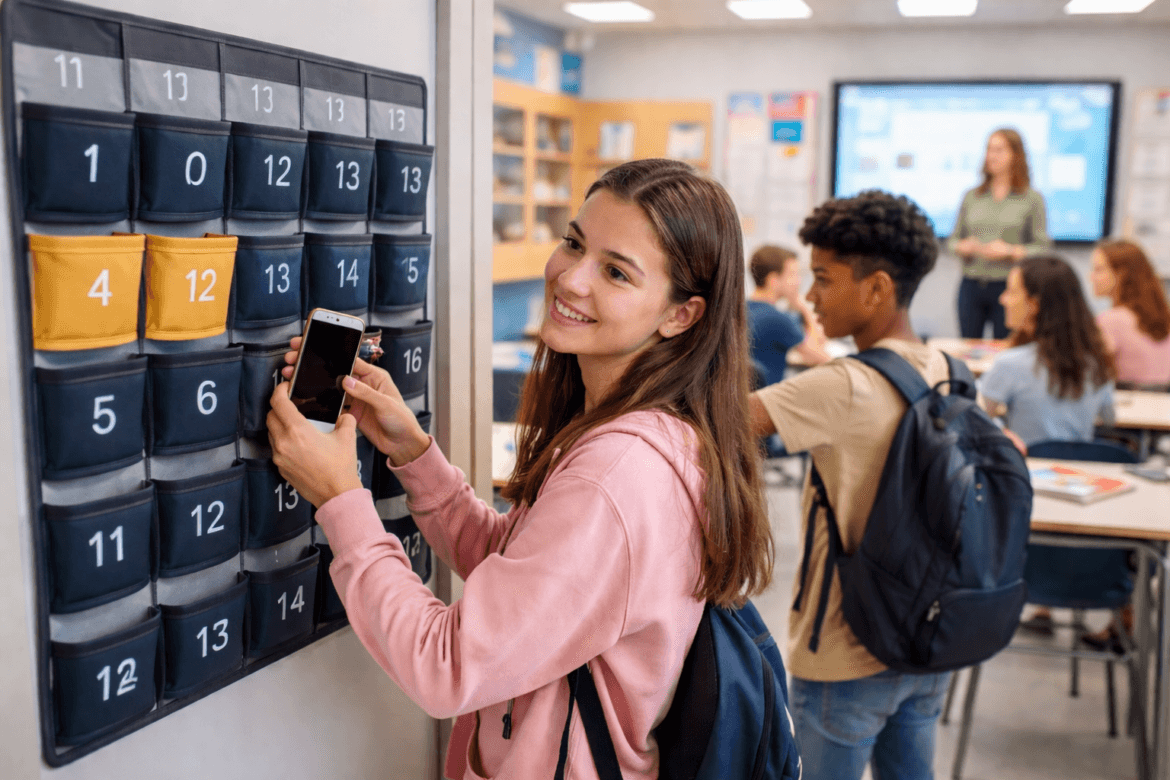 A student participates in a Phone-Free Schools initiative by placing her phone in a numbered storage pocket, while other students and a teacher are present in the background.