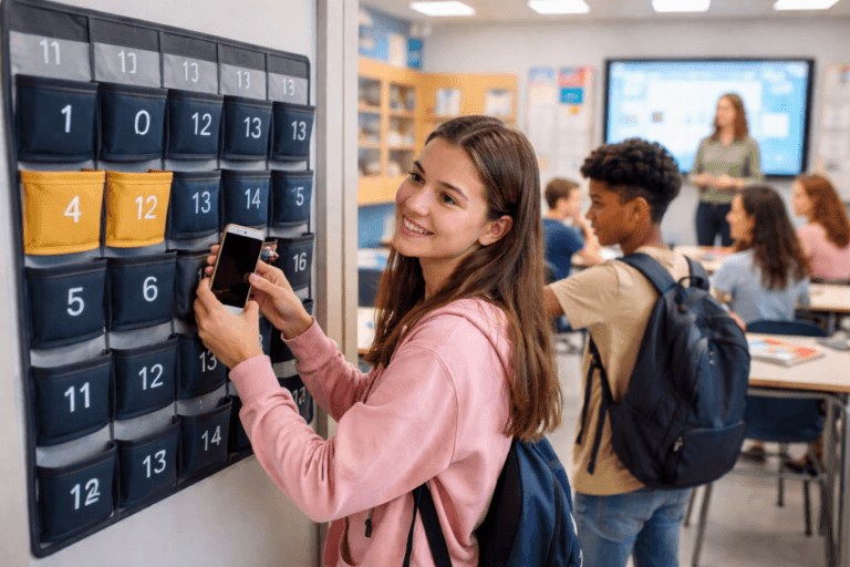 A student participates in a Phone Free Schools initiative by placing her phone in a numbered storage pocket while other students and a teacher are present in the background