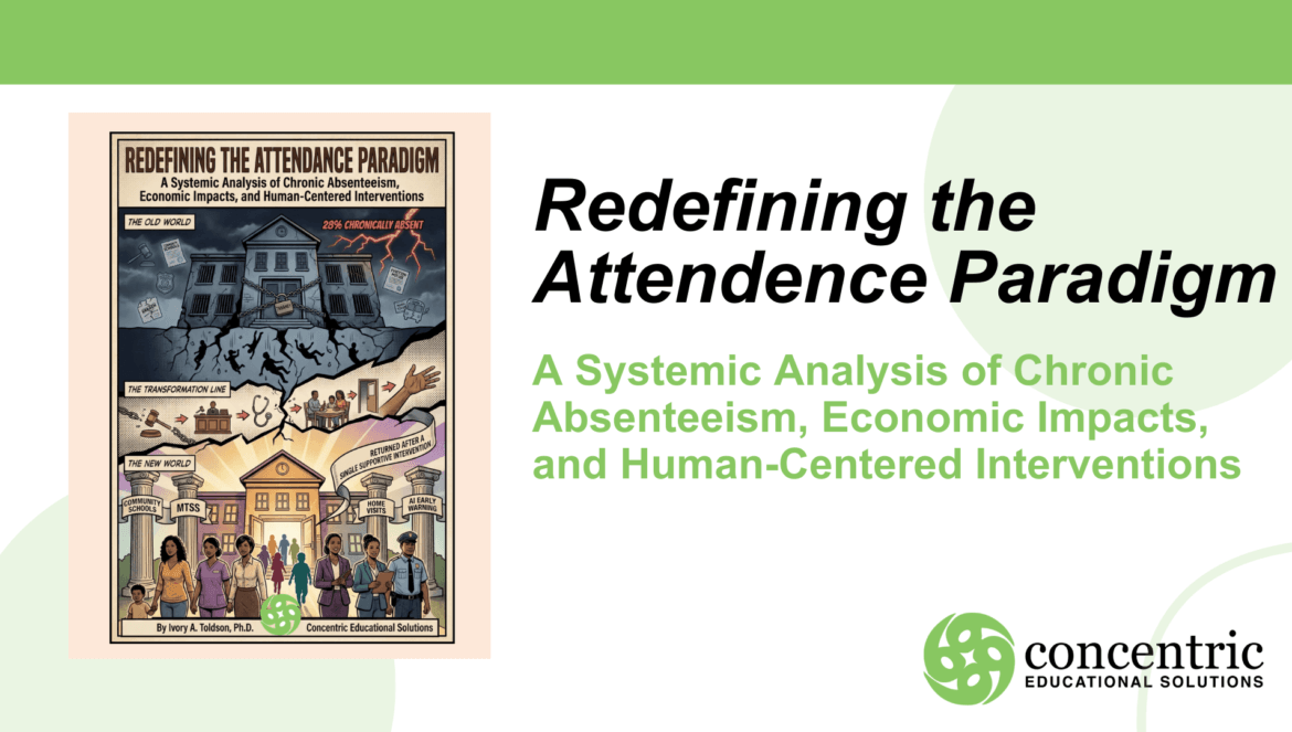 Conference presentation slide titled Redefining the Attendance Paradigm with a detailed poster illustration and the Concentric Educational Solutions logo.