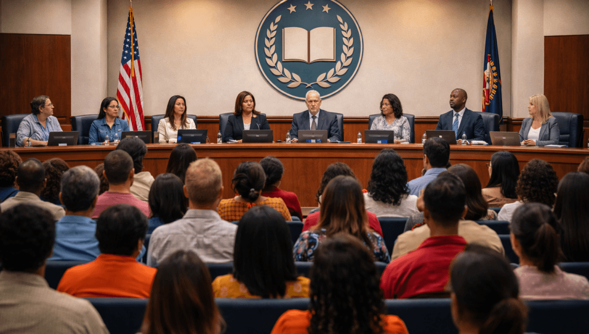 A diverse panel of officials sits at a long desk facing an audience in a formal meeting room, representing School Boards, with flags and an emblem displayed on the wall.