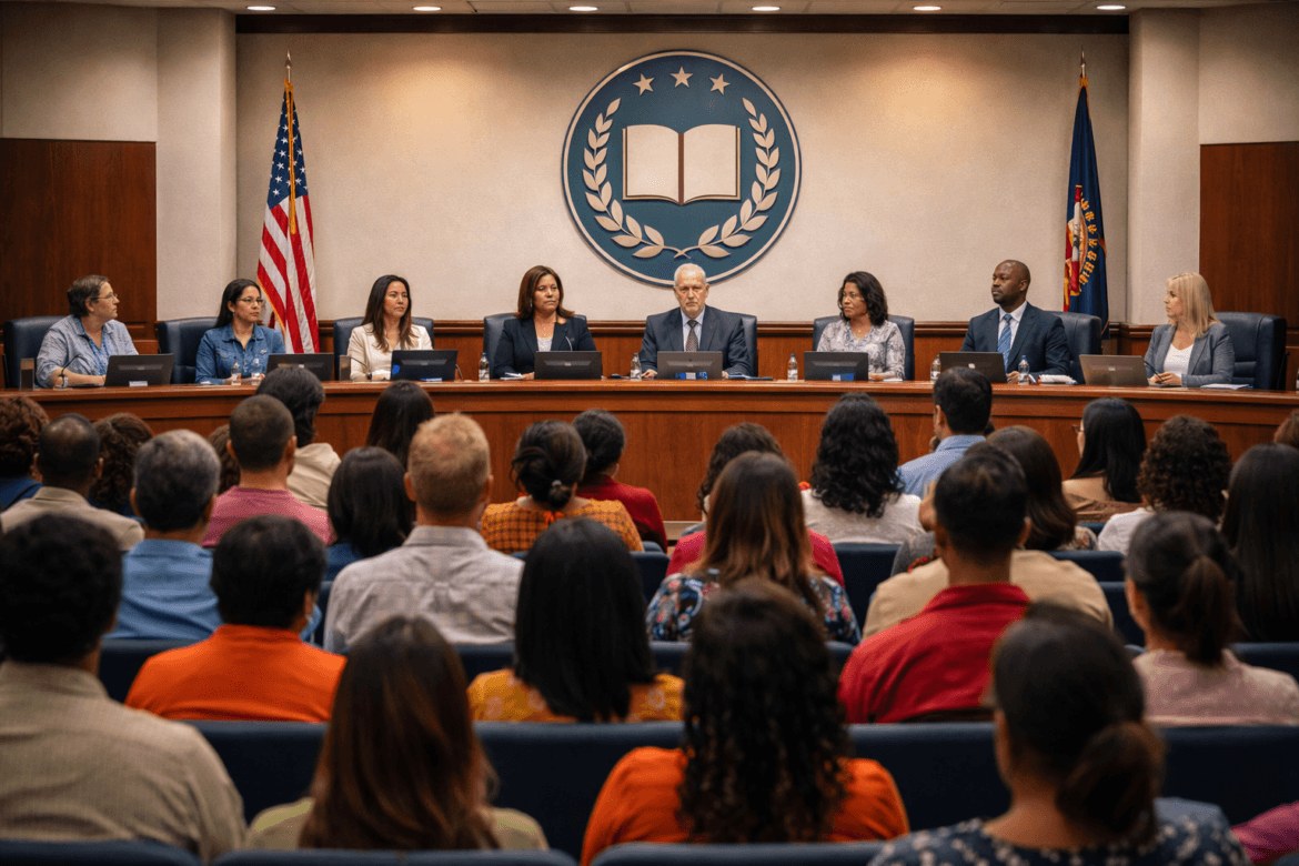 A diverse panel of officials sits at a long desk facing an audience in a formal meeting room, representing School Boards, with flags and an emblem displayed on the wall.