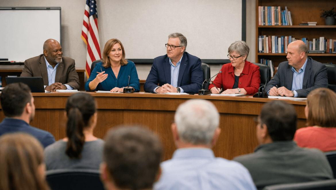 A panel of five adults sits at a table facing an audience in a conference room, suggesting a School Boards meeting, with an American flag and bookshelves in the background.