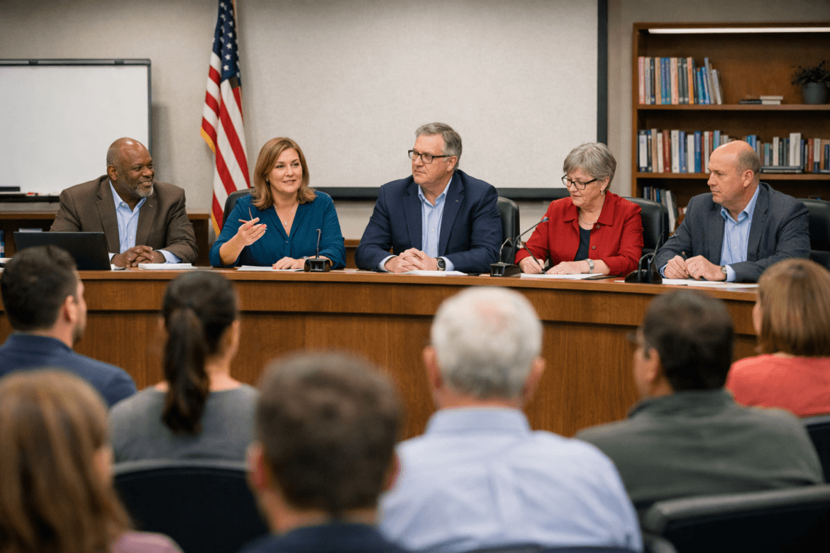 A panel of five adults sits at a table facing an audience in a conference room, suggesting a School Boards meeting, with an American flag and bookshelves in the background.