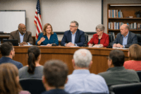 A panel of five adults at a table faces an audience at a school board meeting with an American flag behind them