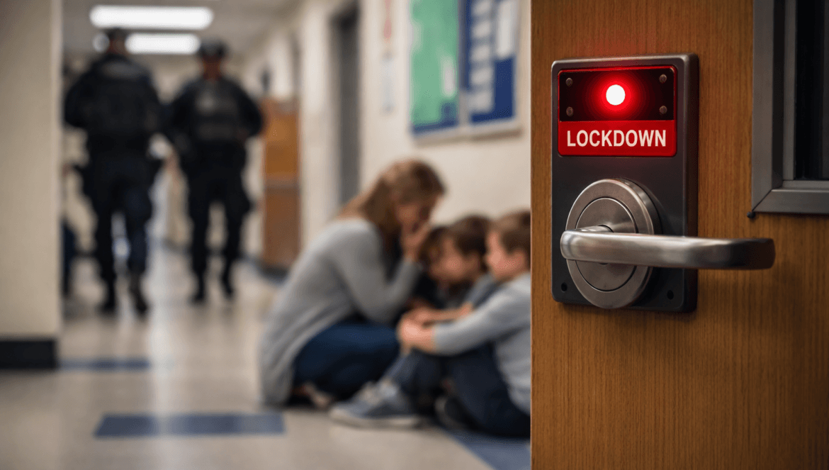 A door with a red lockdown light is in focus—a stark reminder of school lockdowns—as a woman and children sit together in the hallway while police officers stand watch in the background.