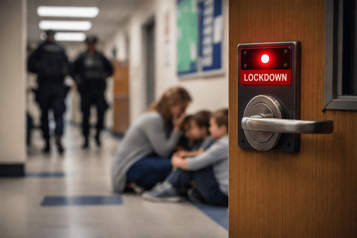 A door with a red lockdown light is in focus—a stark reminder of school lockdowns—as a woman and children sit together in the hallway while police officers stand watch in the background.