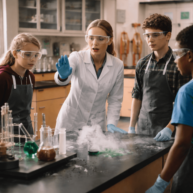 A teacher wearing a lab coat and safety goggles instructs three students around a steaming chemical experiment, emphasizing School Safety First, in a busy science classroom.