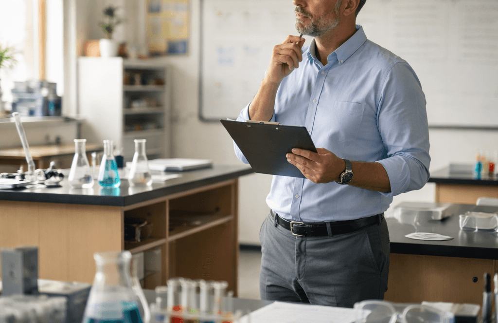 A man in a laboratory stands holding a clipboard, looking thoughtful. Lab equipment, glassware with colored liquids, and papers are on the tables around him as he reviews school safety protocols.