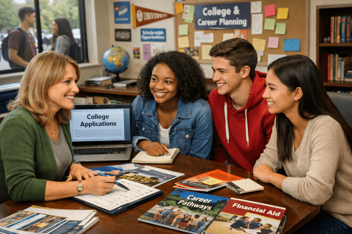 A school counselor discusses college applications with three students at a table covered in brochures, in a room with a College & Career Planning bulletin board.