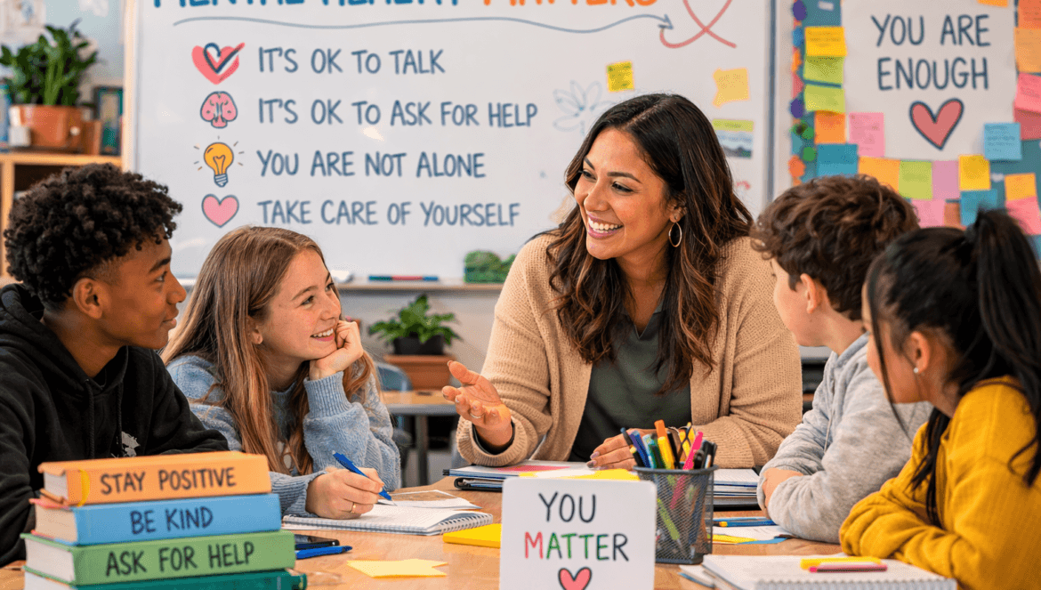 A teacher talks with a group of students at a table in a classroom decorated with student mental health awareness posters and motivational signs.