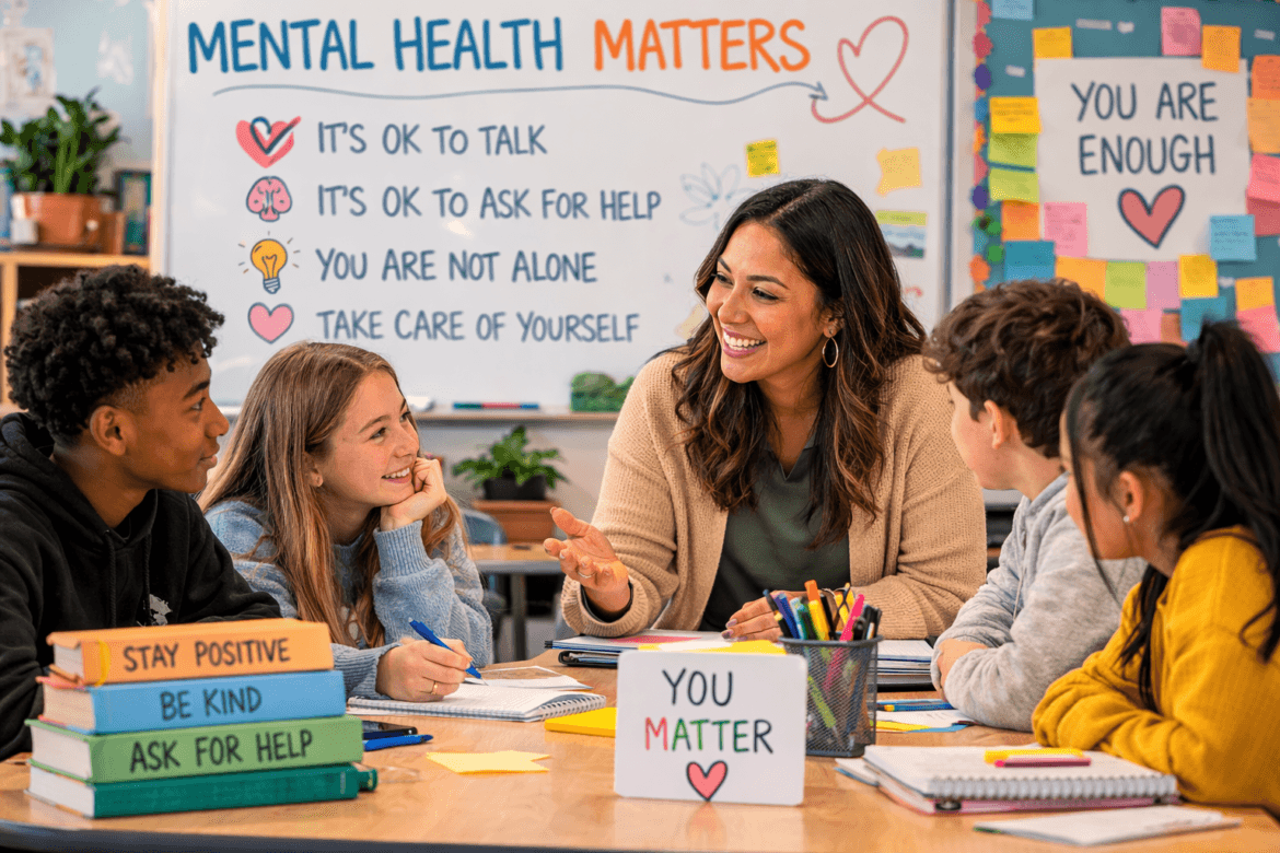 A teacher talks with a group of students at a table in a classroom decorated with student mental health awareness posters and motivational signs.
