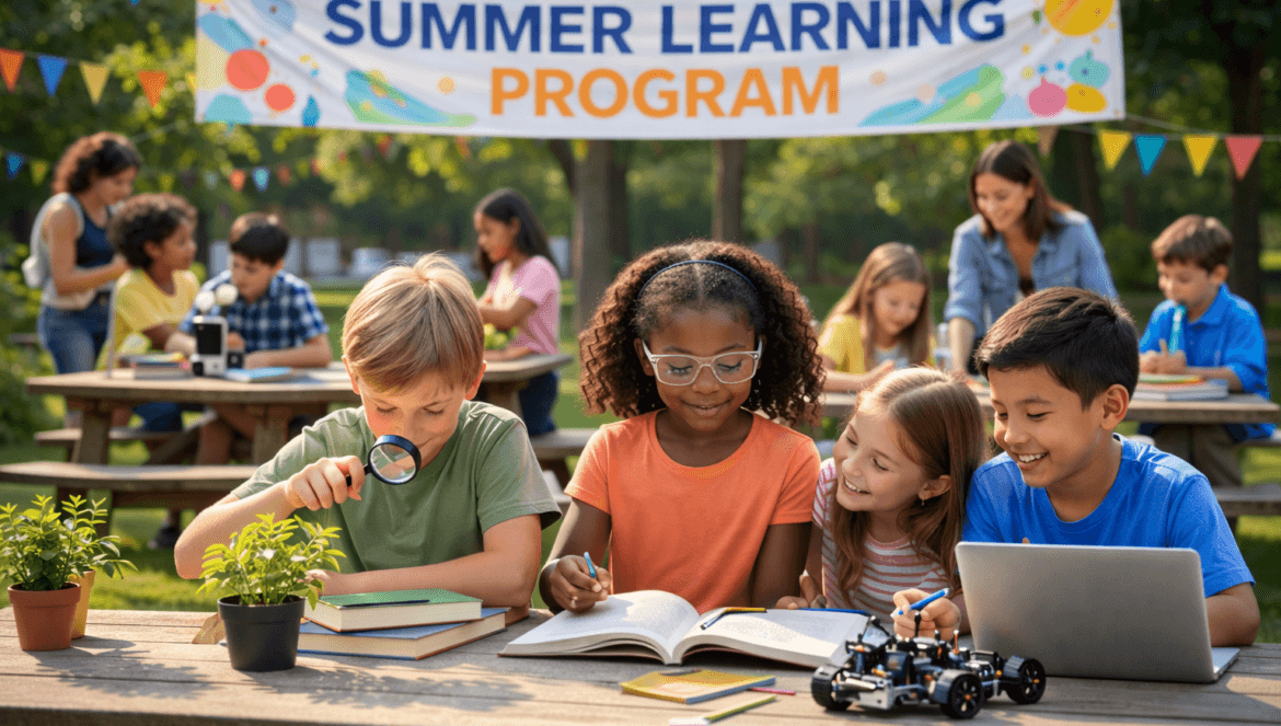 Children sit at outdoor tables working on science and reading activities as part of Summer Learning Programs, with a banner and adults supervising in the background.