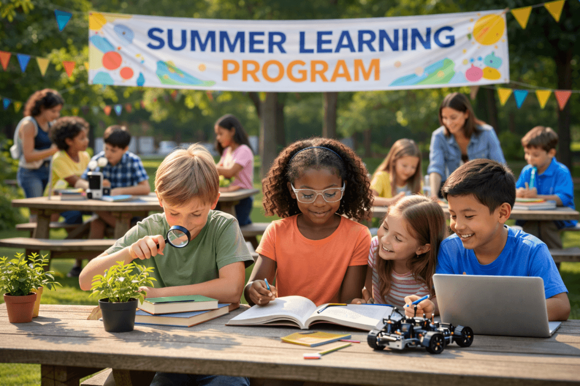Children sit at outdoor tables working on science and reading activities as part of Summer Learning Programs, with a banner and adults supervising in the background.
