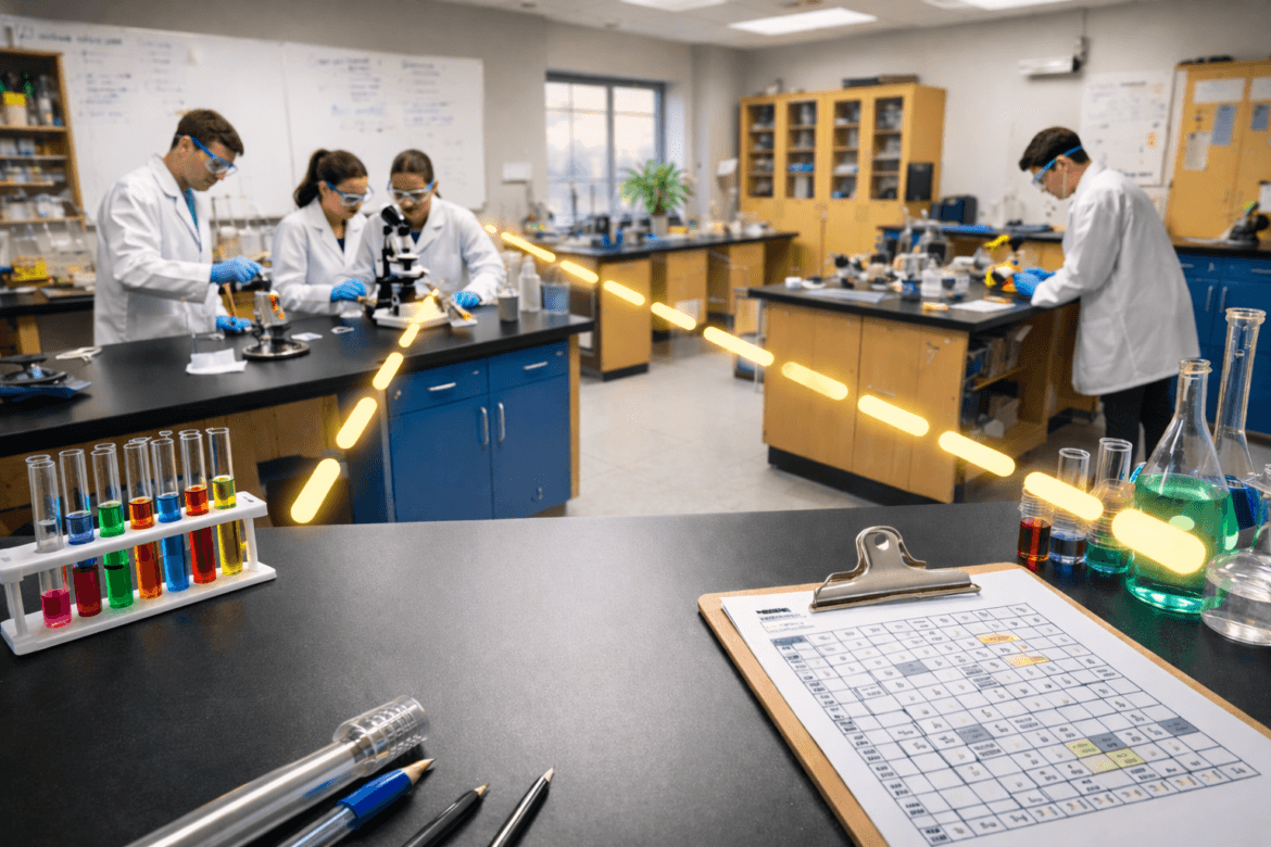 Five people in lab coats and goggles conduct experiments under Supervision by Design Prevents Classroom Incidents; a periodic table and test tubes with colored liquids are visible in the foreground.