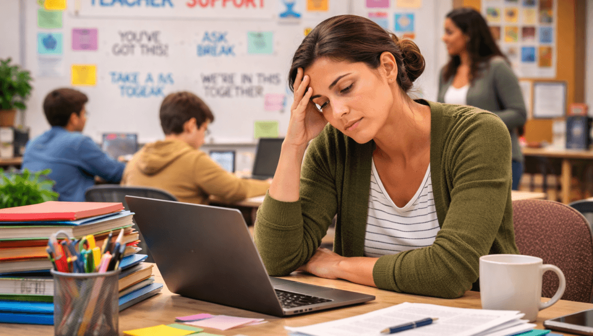A woman sits at a desk in a classroom, clearly experiencing teacher burnout, her hand on her forehead as she looks stressed among books, papers, a laptop, and a coffee mug. Other people work in the background.