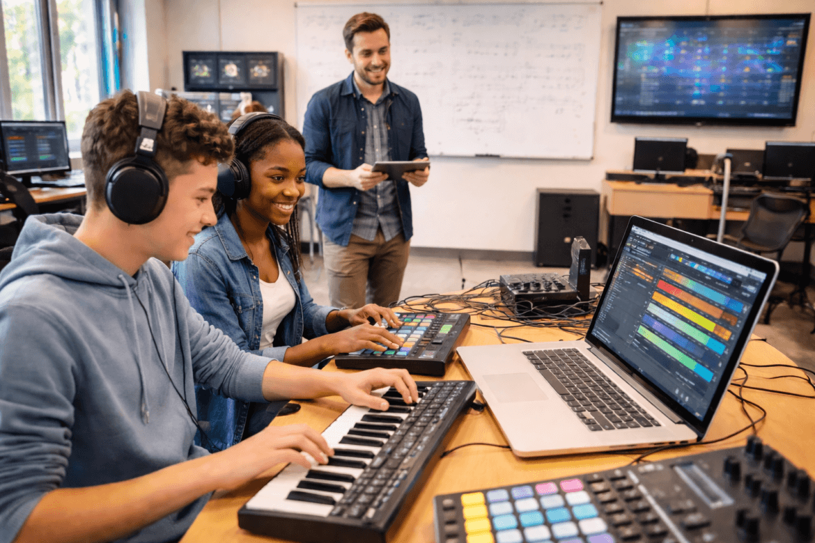 Two students use MIDI keyboards and music production software on laptops in a classroom, illustrating the evolution of music education as their teacher stands behind them with a tablet.