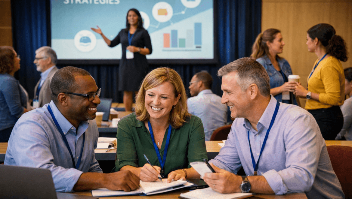 Three professionals smiling and collaborating at a table during a seminar. A woman presents Innovative Teaching Strategies on a screen, highlighting Why Education Conferences Matter for Educators.