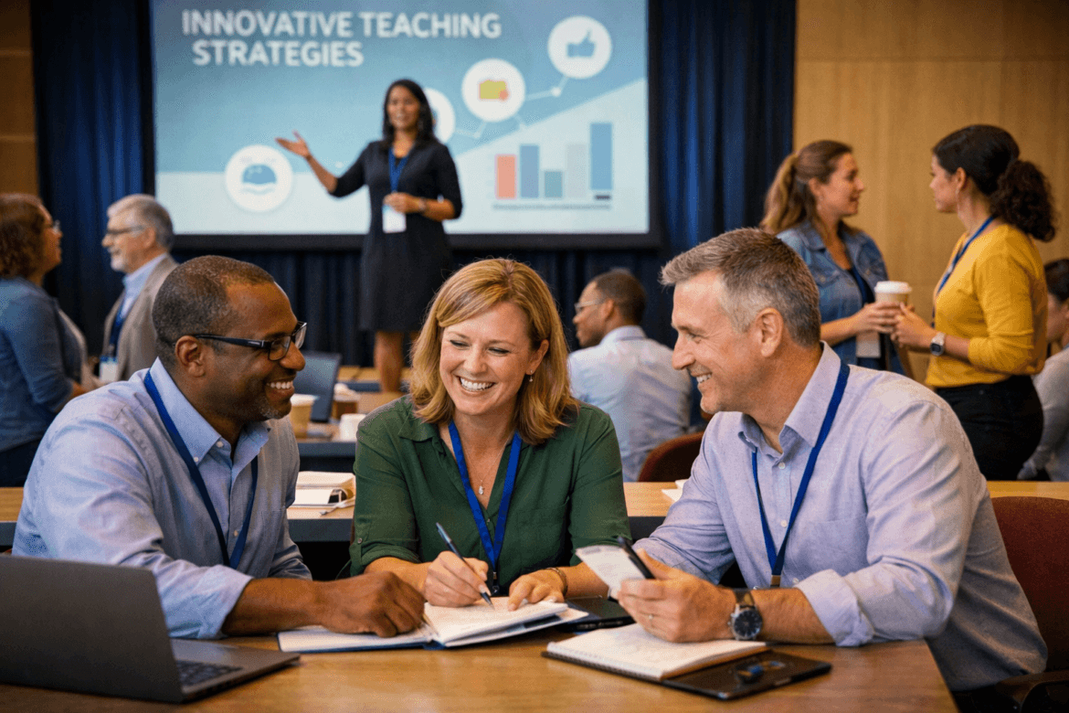 Three professionals smiling and collaborating at a table during a seminar. A woman presents Innovative Teaching Strategies on a screen, highlighting Why Education Conferences Matter for Educators.