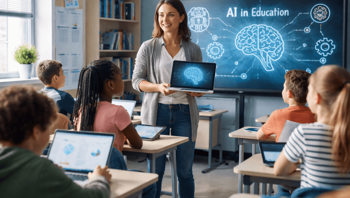 A teacher holding a laptop stands before students with laptops, as Ohio AI in Education and a brain diagram are displayed on the screen behind her.