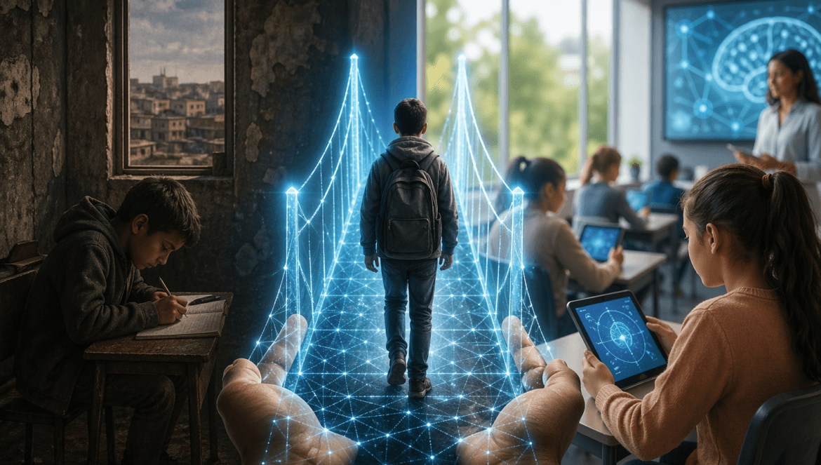 A child transitions from a dim, old classroom to a bright, modern one enriched by digital technology, guided by holographic hands that symbolize support, opportunity, and AI equity in education.