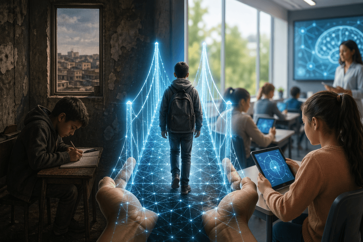 A child transitions from a dim, old classroom to a bright, modern one enriched by digital technology, guided by holographic hands that symbolize support, opportunity, and AI equity in education.