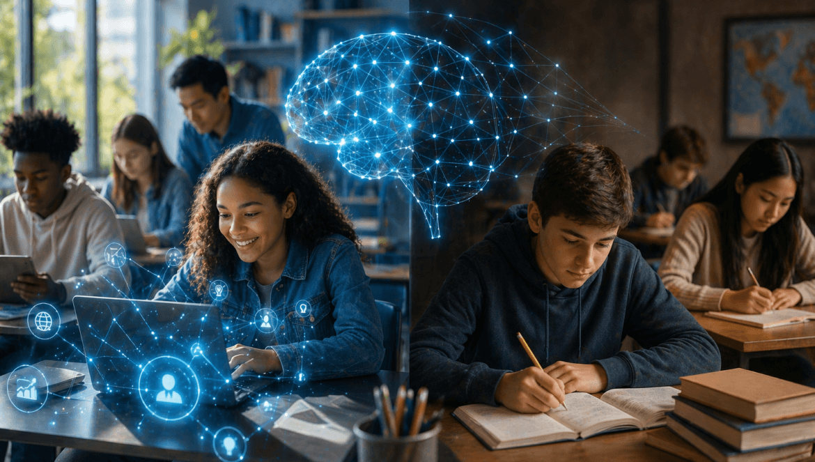 Two groups of students study in a classroom one explores ai literacy in education with laptops displaying digital network graphics while the other writes in notebooks with books on their desks