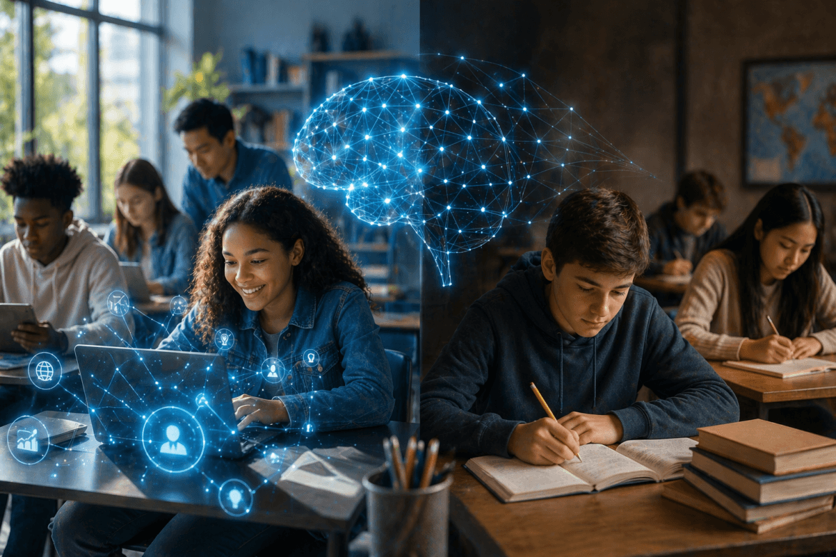 Two groups of students study in a classroom; one explores AI Literacy in Education with laptops displaying digital network graphics, while the other writes in notebooks with books on their desks.