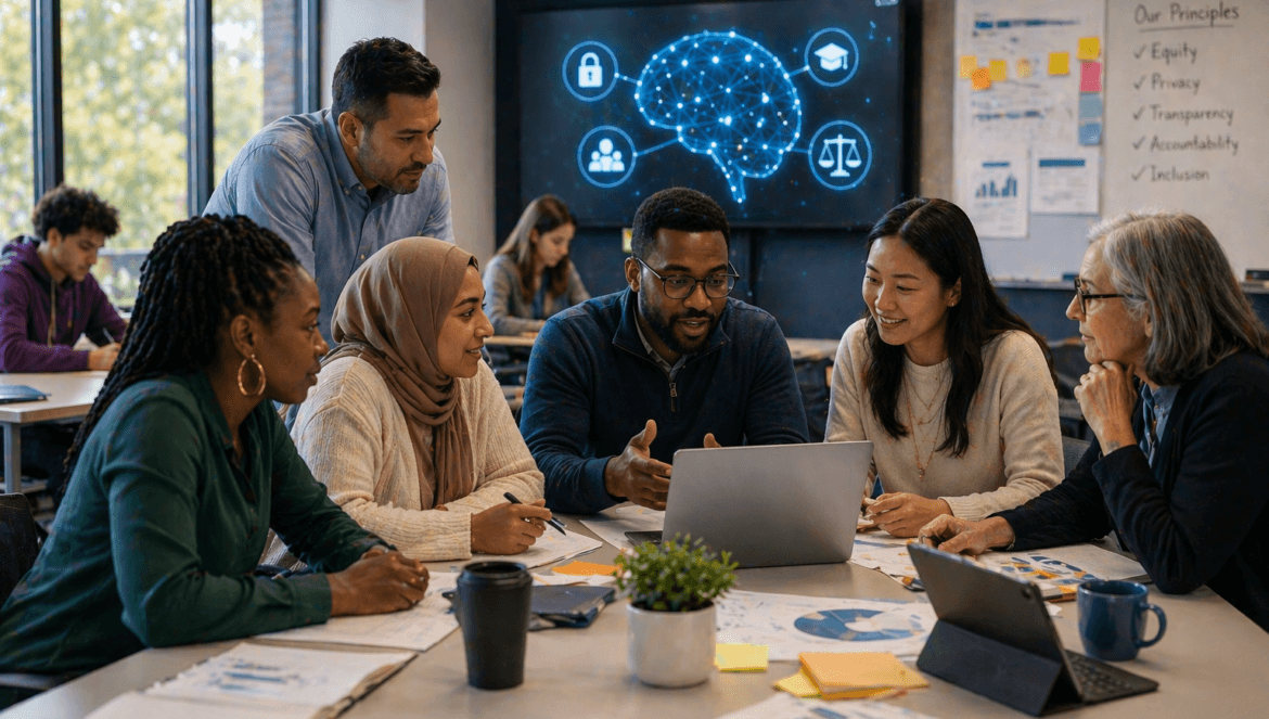 Six people sit around a table with a laptop in a modern office discussing documents a digital brain graphic related to ai policy in education is displayed on a screen behind them | edcircuit Six people sit around a table with a laptop in a modern office discussing documents a digital brain graphic related to ai policy in education is displayed on a screen behind them