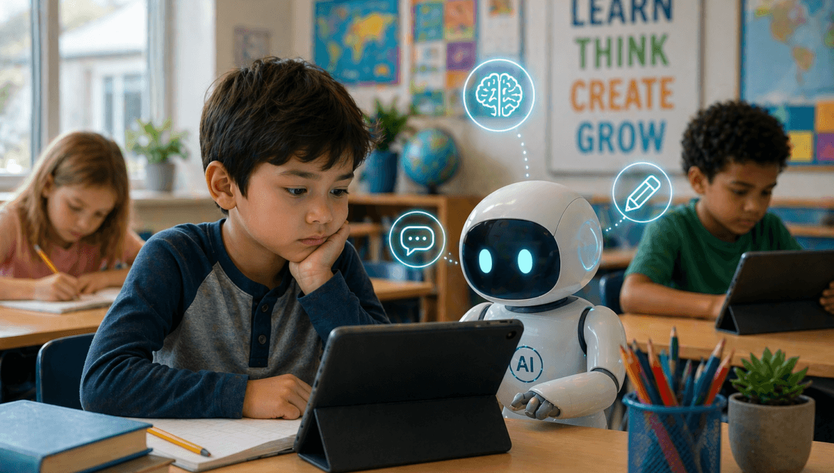 A young boy sits at a desk using a tablet next to a small robot with ai symbols above its head highlighting the integration of ai in elementary schools in a classroom filled with other children and educational posters on the wall