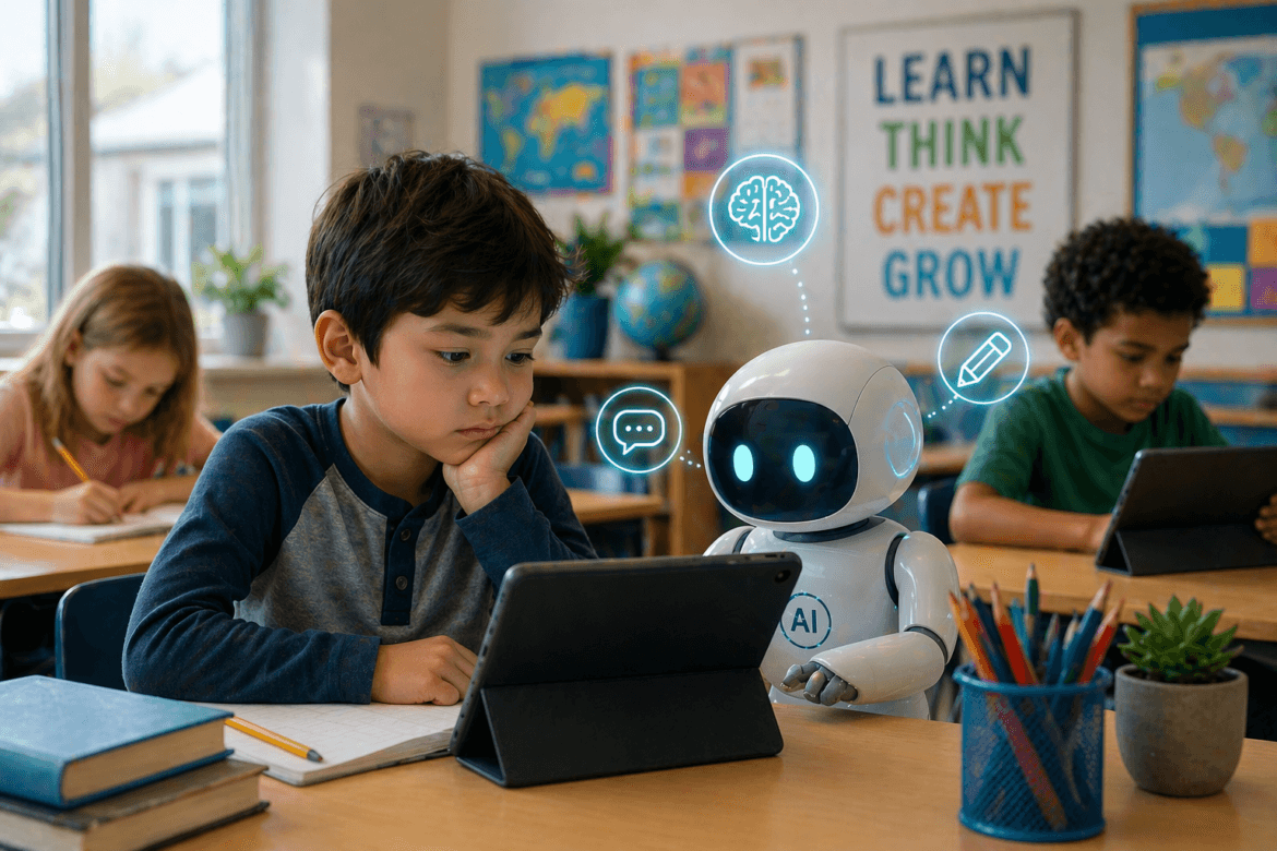 A young boy sits at a desk using a tablet next to a small robot with AI symbols above its head, highlighting the integration of AI in elementary schools, in a classroom filled with other children and educational posters on the wall.