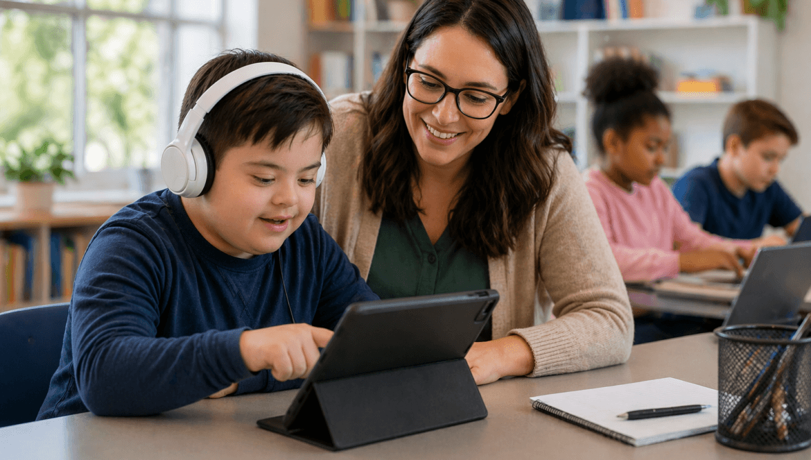 A teacher and a student with headphones use a tablet together at a classroom table, leveraging AI in special education, while other students work in the background.