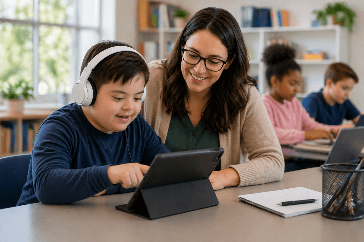 A teacher and a student with headphones use a tablet together at a classroom table, leveraging AI in special education, while other students work in the background.