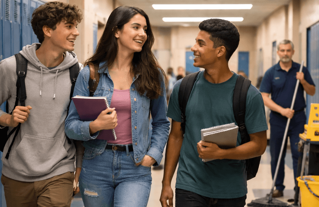 Three students walk and talk in a school hallway, holding notebooks, while a janitor cleans the floor in the background. A large clock is visible above them.