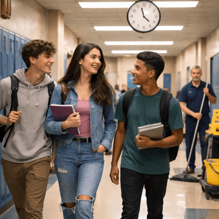 Three students walk and talk in a school hallway, holding notebooks, while a janitor cleans the floor in the background. A large clock is visible above them.