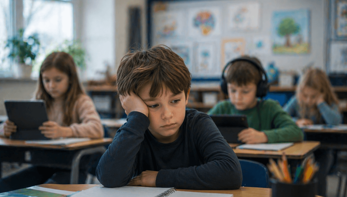 A boy sits at his desk with his head resting on his hand looking bored amidst an attention crissis while other children use tablets in a classroom setting