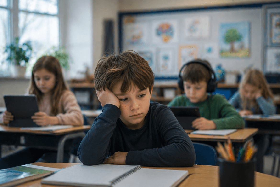 A boy sits at his desk with his head resting on his hand, looking bored amidst an attention crissis, while other children use tablets in a classroom setting.