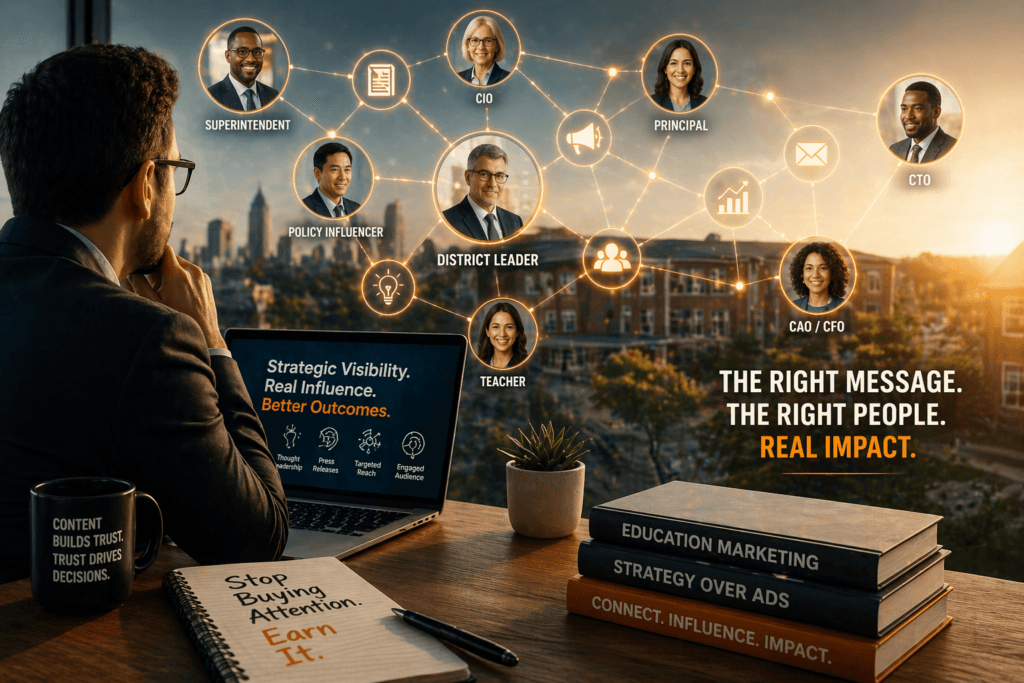 A man at a desk looks at a digital network of education decision makers and influencers with the text The right message The right people Real impact and marketing materials visible