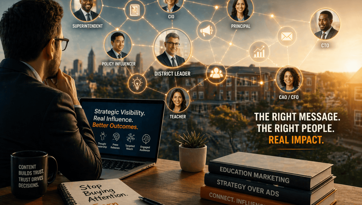 A man at a desk looks at a digital network of education decision-makers and influencers, with the text: The right message. The right people. Real impact. and marketing materials visible.