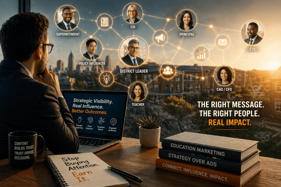 A man at a desk looks at a digital network of education decision-makers and influencers, with the text: The right message. The right people. Real impact. and marketing materials visible.