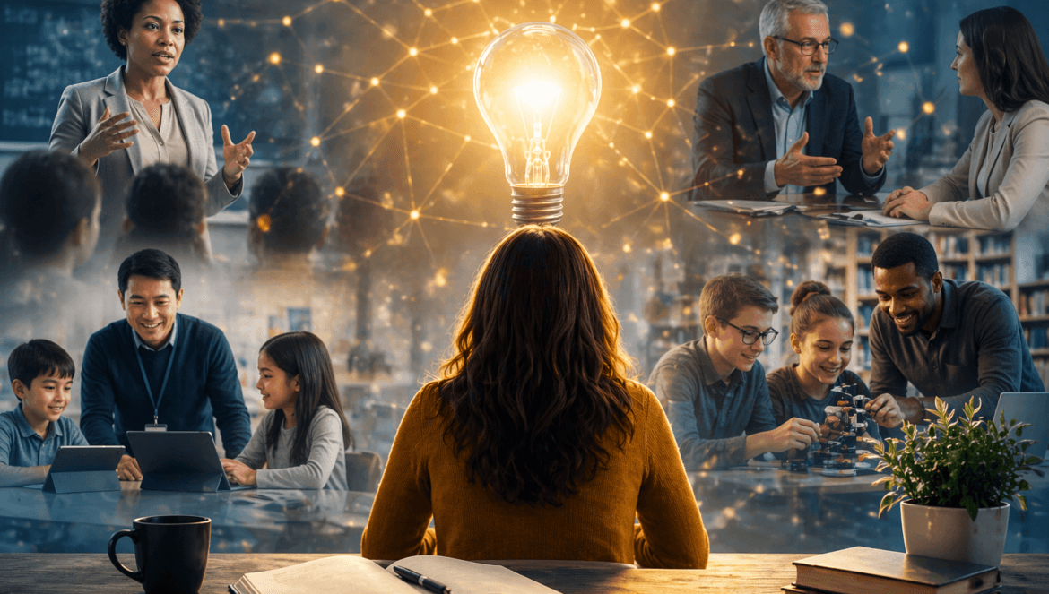 Person seen from behind at a desk as groups collaborate around a glowing light bulb, symbolizing ideas and teamwork in a connected network. (informative)