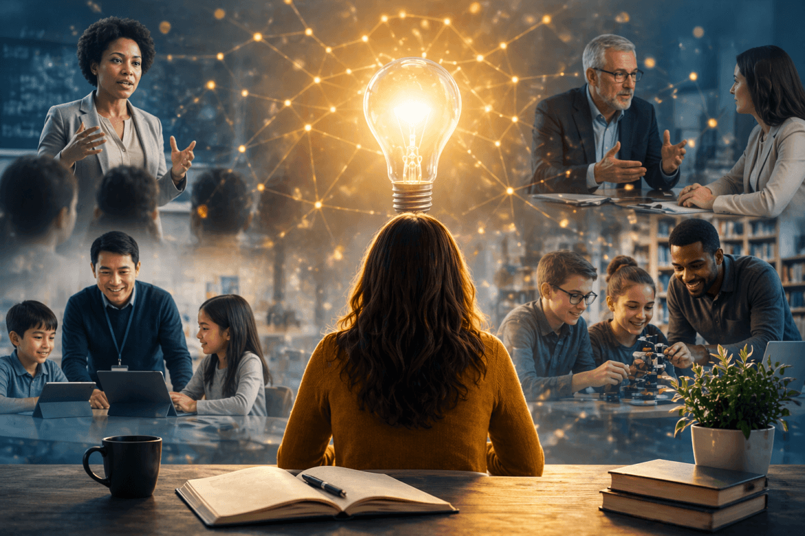 Person seen from behind at a desk as groups collaborate around a glowing light bulb, symbolizing ideas and teamwork in a connected network. (informative)